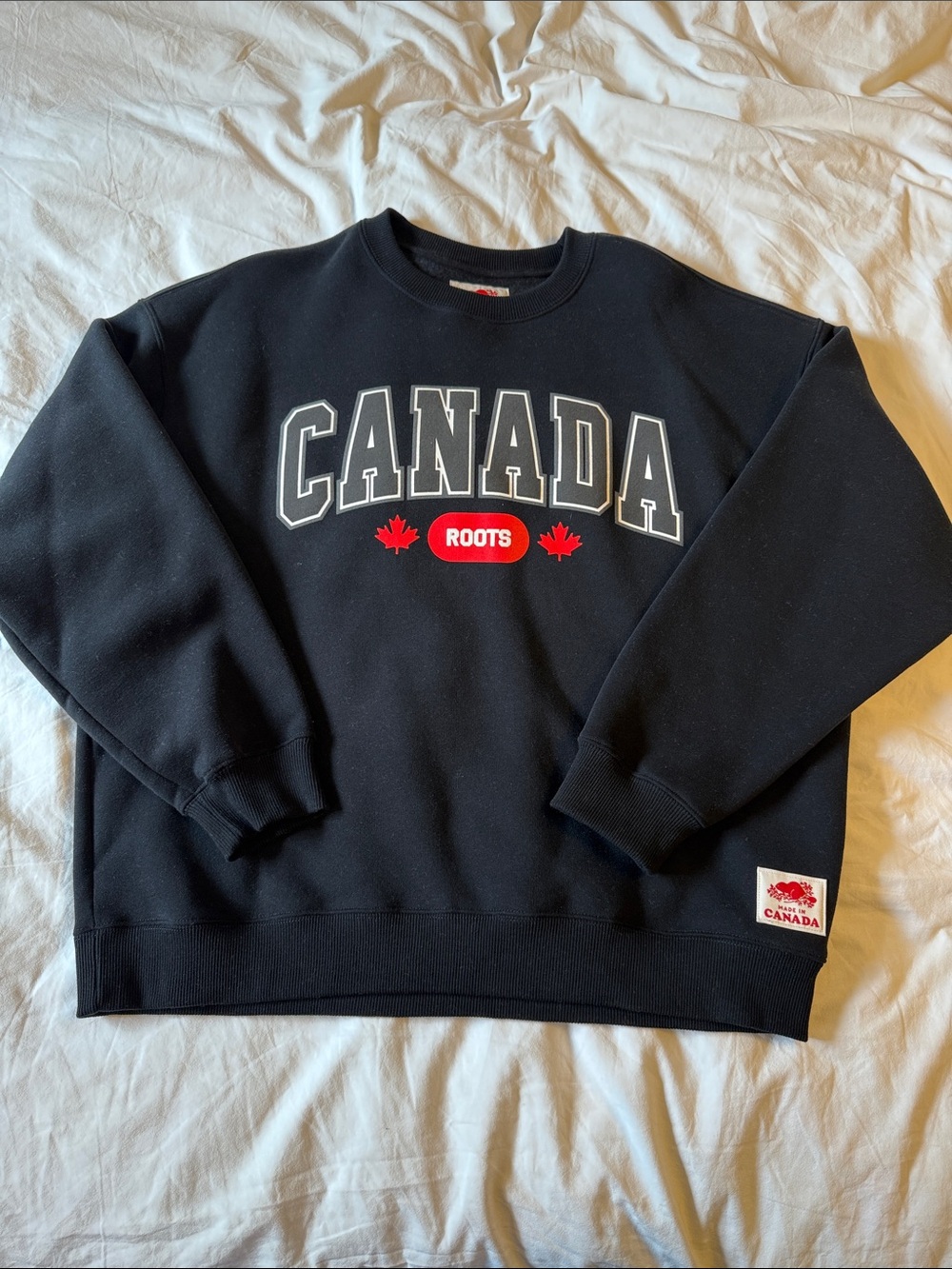 Roots Black GF Crewneck with White Canada Lettering and Red Logo MADE IN CANADA